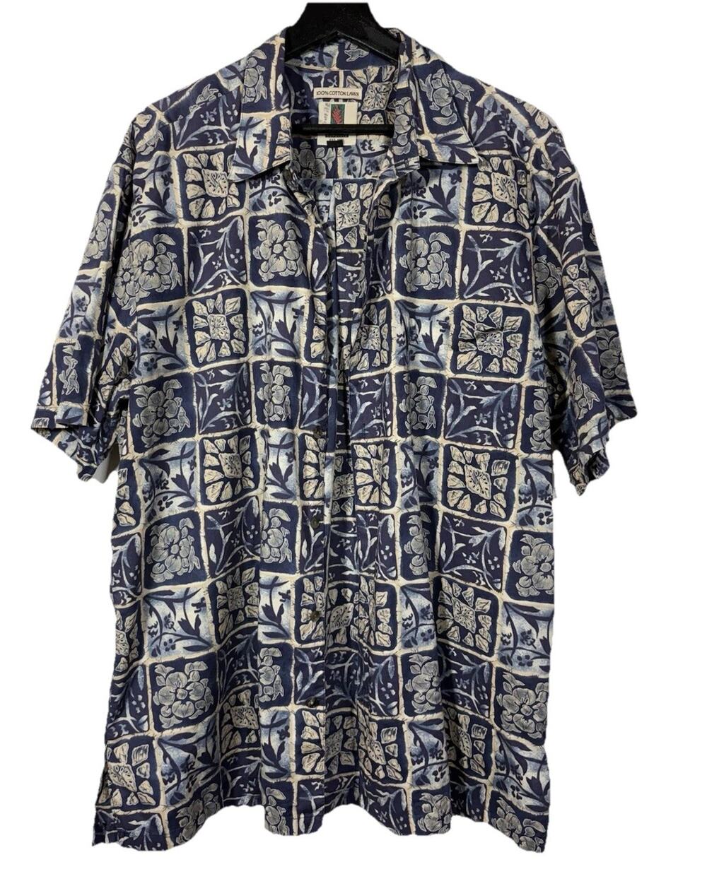 Tori Richard Shirt Men XL Blue Tan Hawaiian Camp Floral Cotton Lawn USA Hawaii